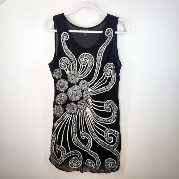 Pretty Angel Black Short Shift Dress Size Medium Silk Embroidered Sequin Vintage - Picture 1 of 4